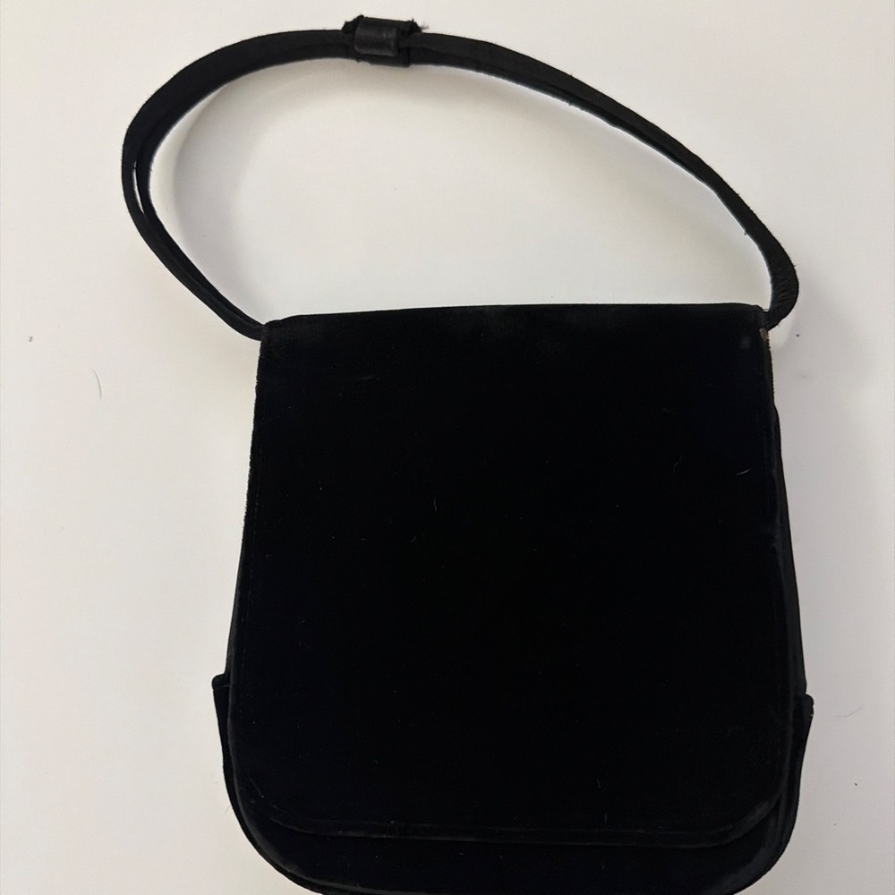Vintage Black Velvet Evening Bag Square Shoulder Purse with Interior Mirror